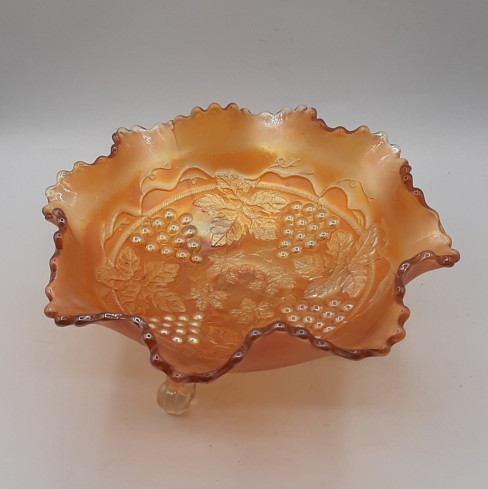 Fenton Marigold Carnival Pressed Glass Grape & Cable Candy Bowl Dish Footed 8"